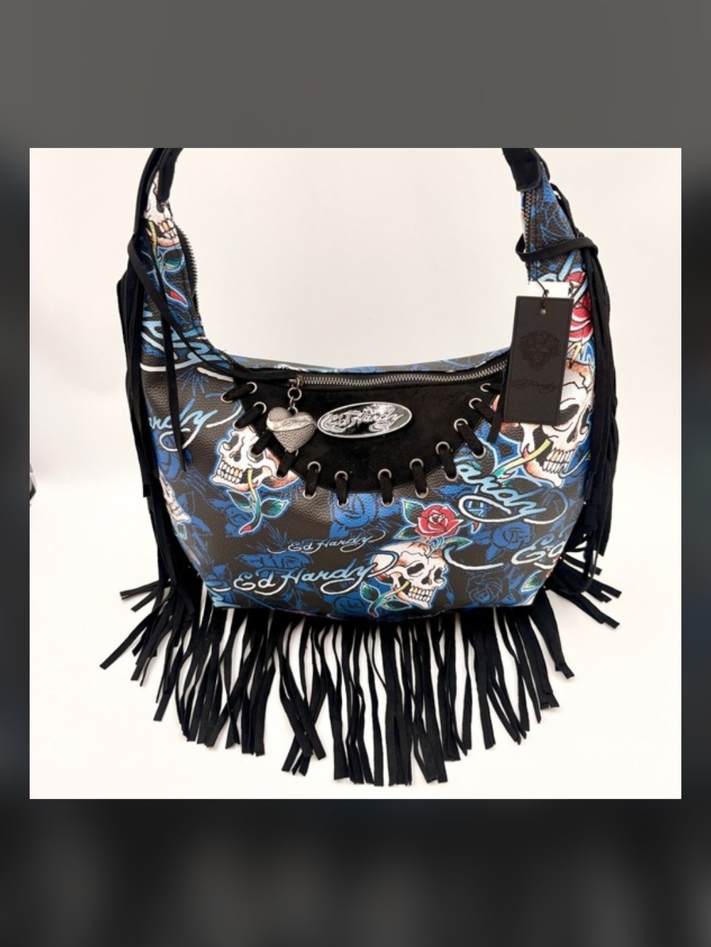 Ed Hardy Blue Skull & Rose Fringe Shoulder Bag